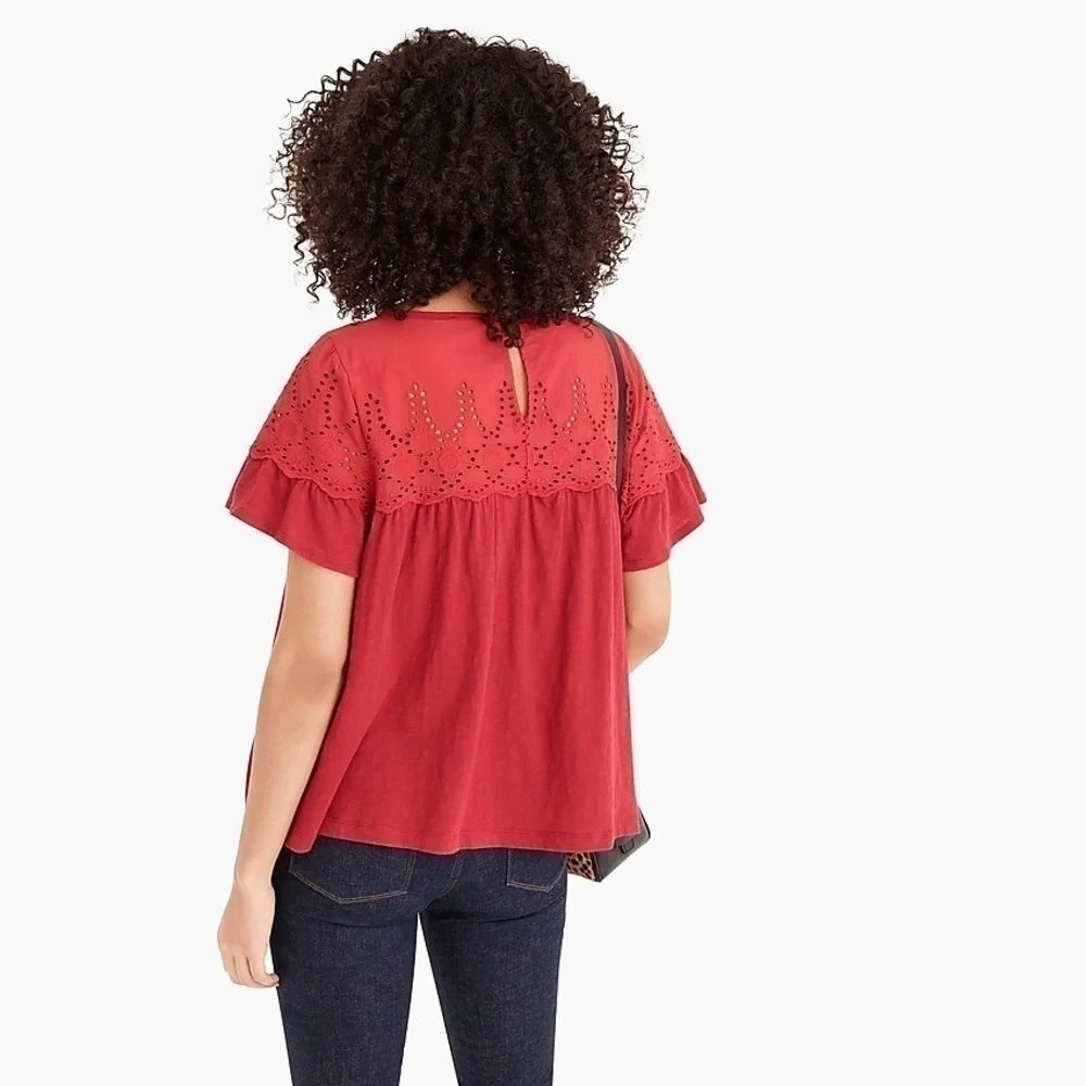 J crew flutter sleeve ruffle Eyelet lace top in vintage red cotton size small